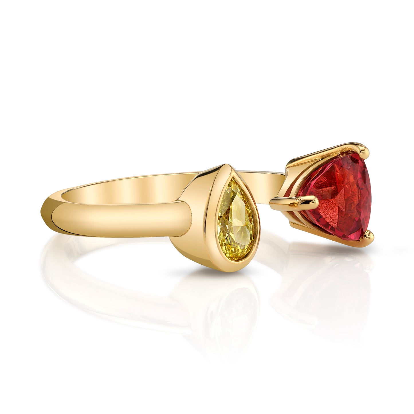 Natural Yellow Diamond and Pinkish Red Spinel Two Stone Ring