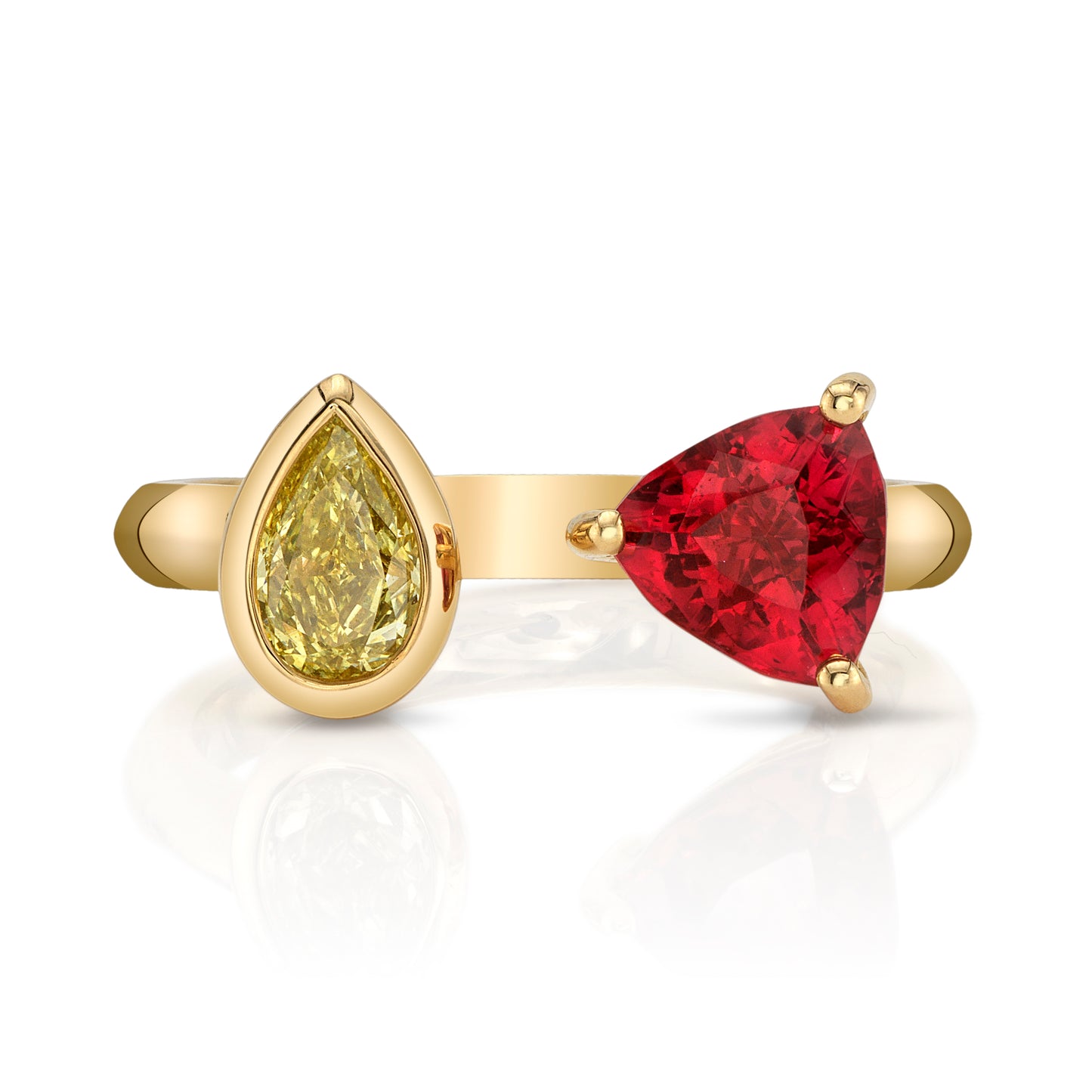 Natural Yellow Diamond and Pinkish Red Spinel Two Stone Ring