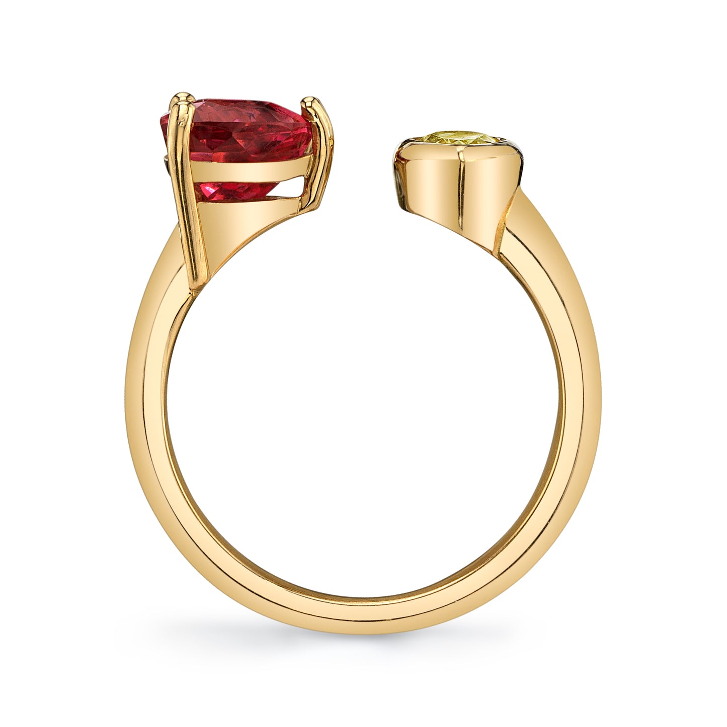Natural Yellow Diamond and Pinkish Red Spinel Two Stone Ring