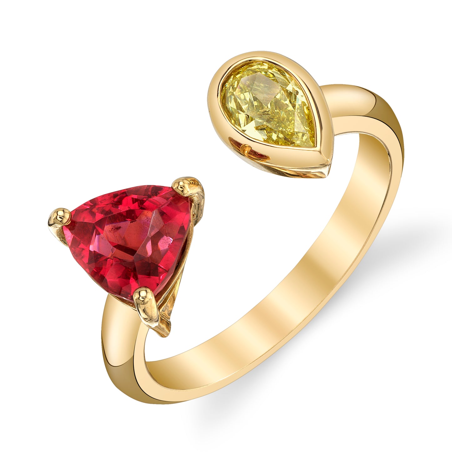 Natural Yellow Diamond and Pinkish Red Spinel Two Stone Ring
