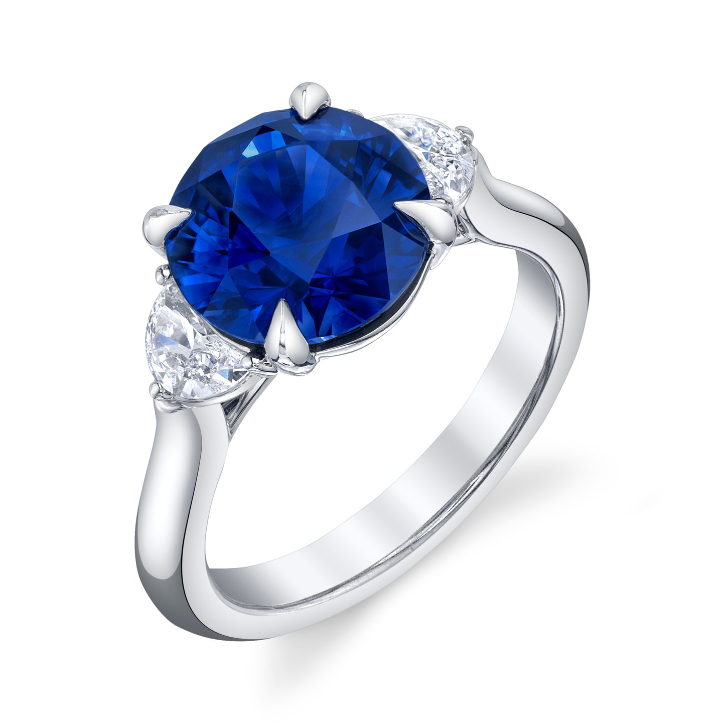 No Heat Nigerian Round Blue Sapphire Three Stone Ring
