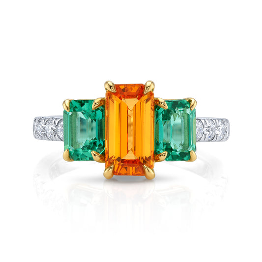 Untreated Orange Garnet and Green Tourmaline Ring