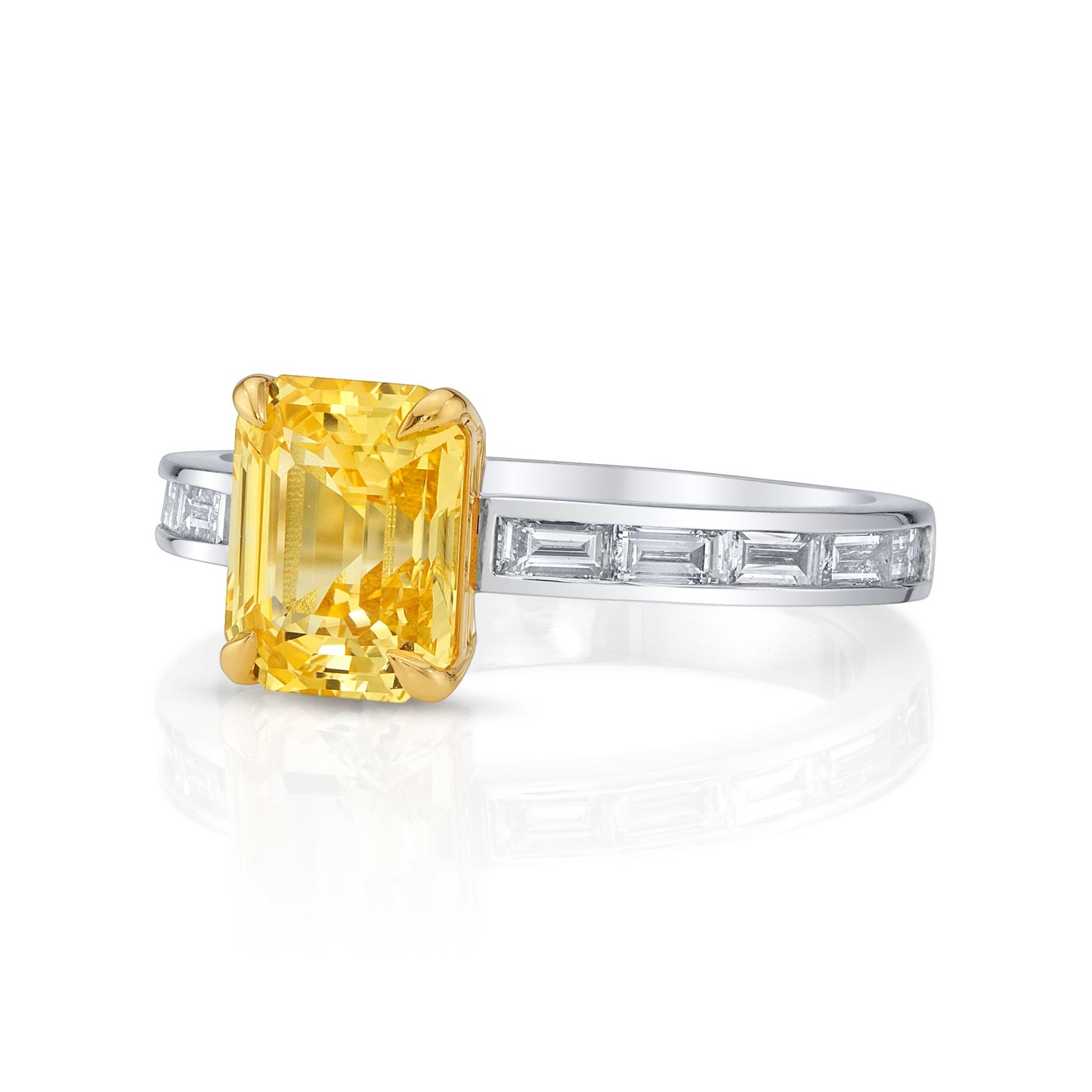 No Heat Yellow Sapphire Ring with Baguette Diamonds