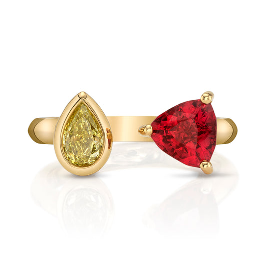 Natural Yellow Diamond and Pinkish Red Spinel Two Stone Ring