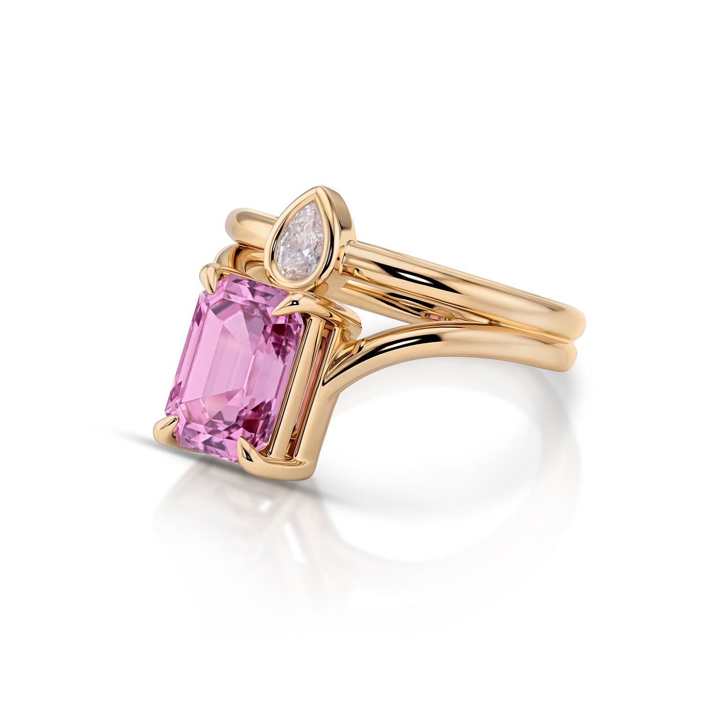 18k Yellow Gold Emerald Cut Pink Spinel and Pear Diamond Ring