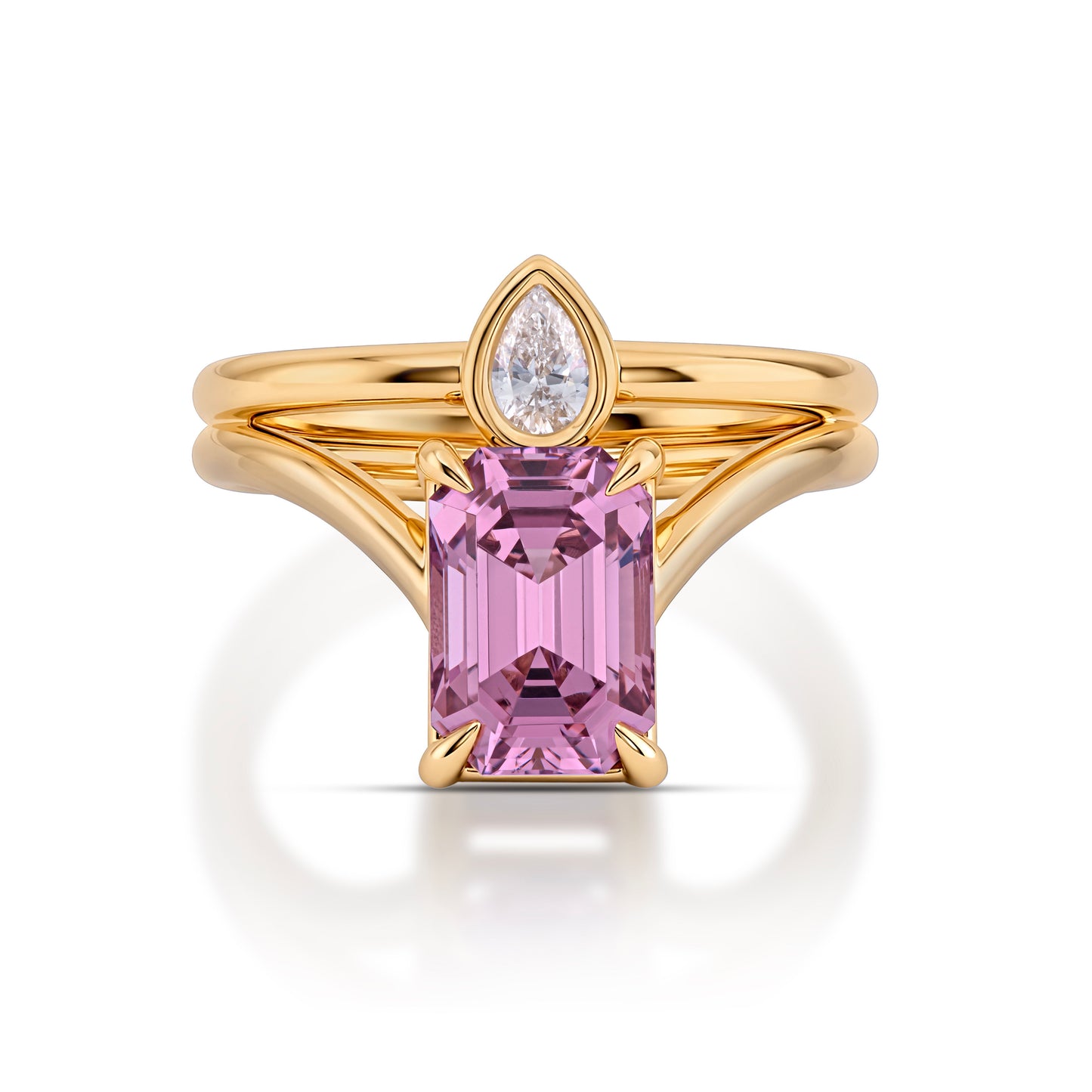 18k Yellow Gold Emerald Cut Pink Spinel and Pear Diamond Ring