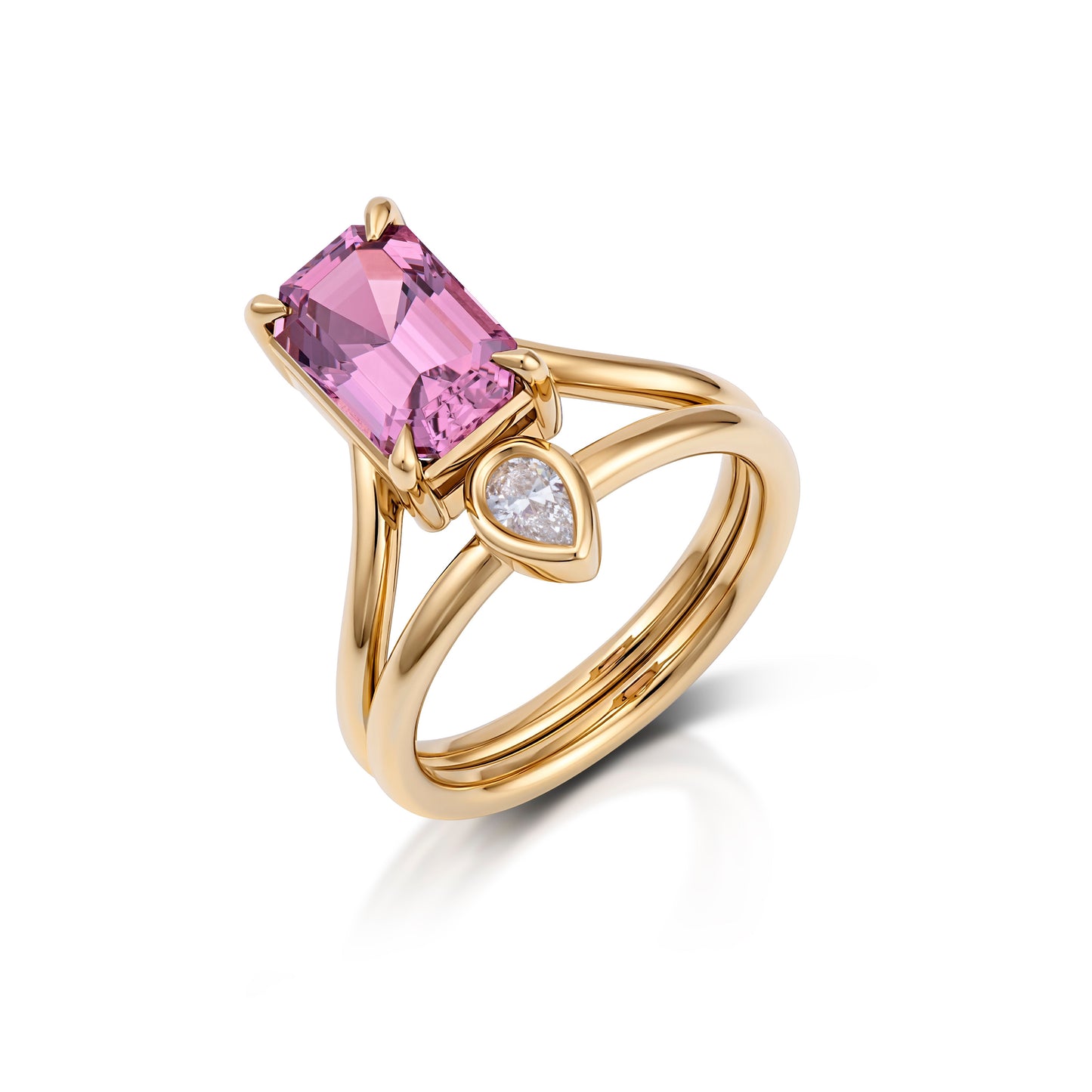 18k Yellow Gold Emerald Cut Pink Spinel and Pear Diamond Ring