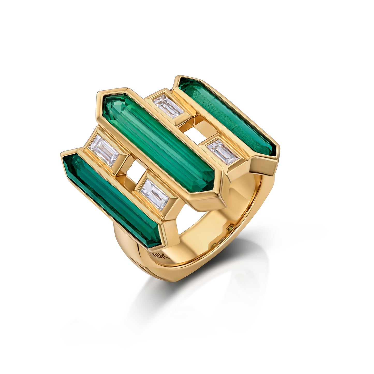 18k Yellow Gold Hexagon Green Tourmaline and Baguette Diamond Statement Ring