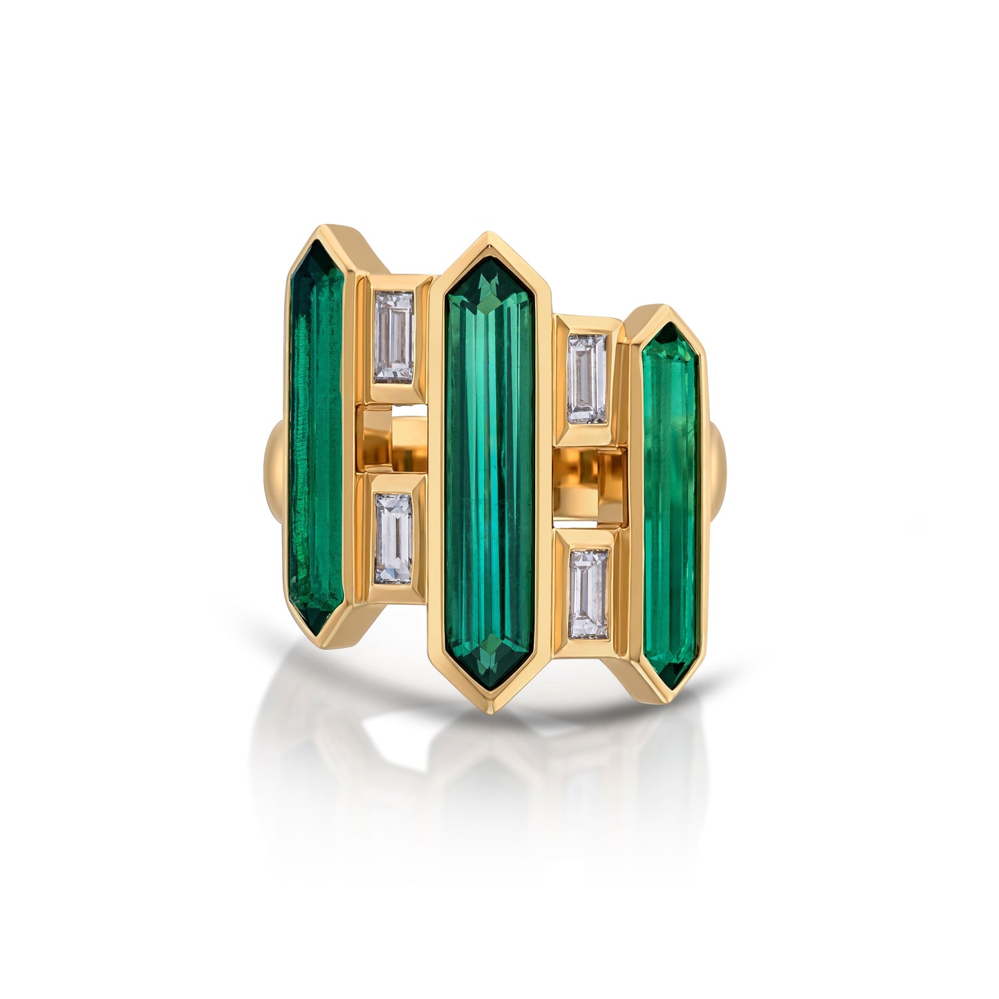 18k Yellow Gold Hexagon Green Tourmaline and Baguette Diamond Statement Ring