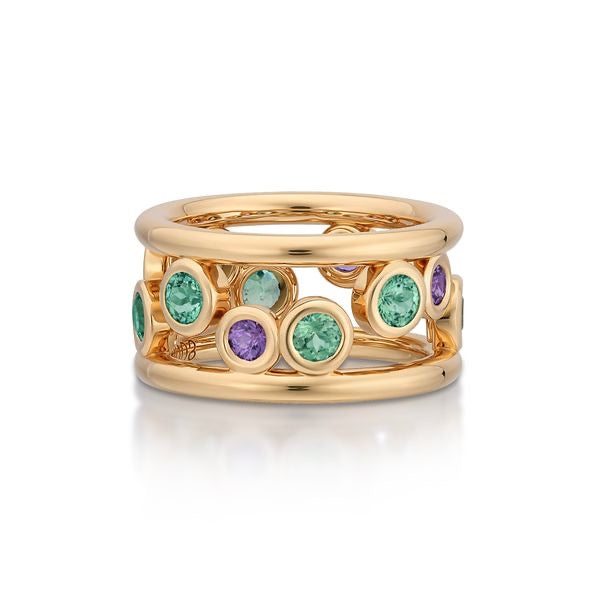 18k Yellow Gold 'bubbles' Green Garnet and Puple Sapphire Band