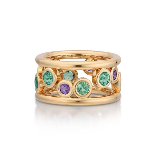 18k Yellow Gold 'bubbles' Green Garnet and Puple Sapphire Band