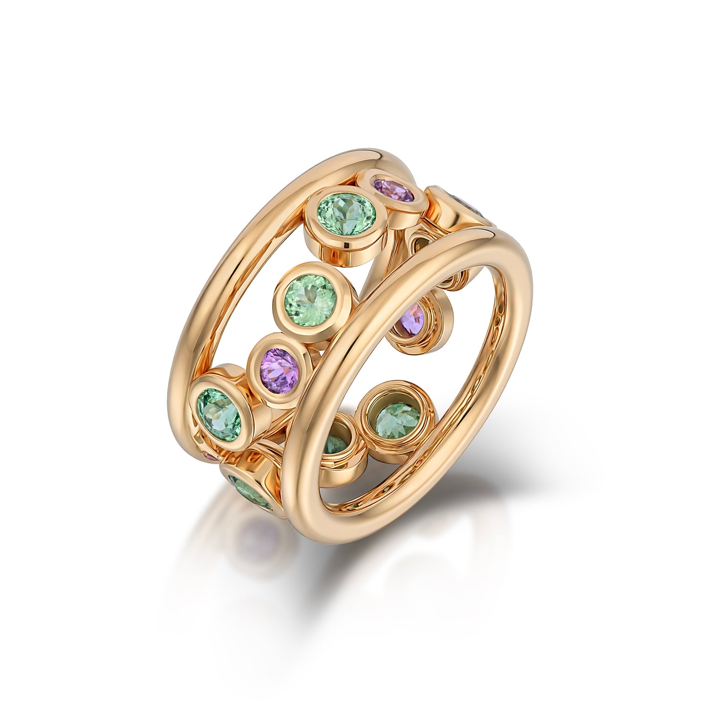 18k Yellow Gold 'bubbles' Green Garnet and Puple Sapphire Band