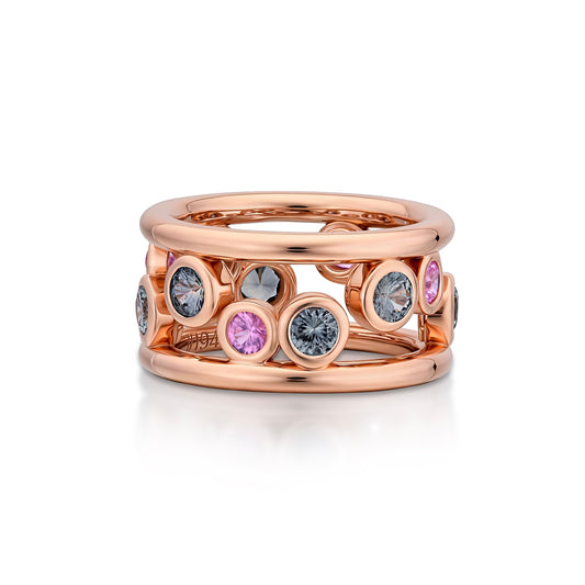18k Rose Gold 'bubbles' Gray-Teal Sapphire and Pink Spinel Band