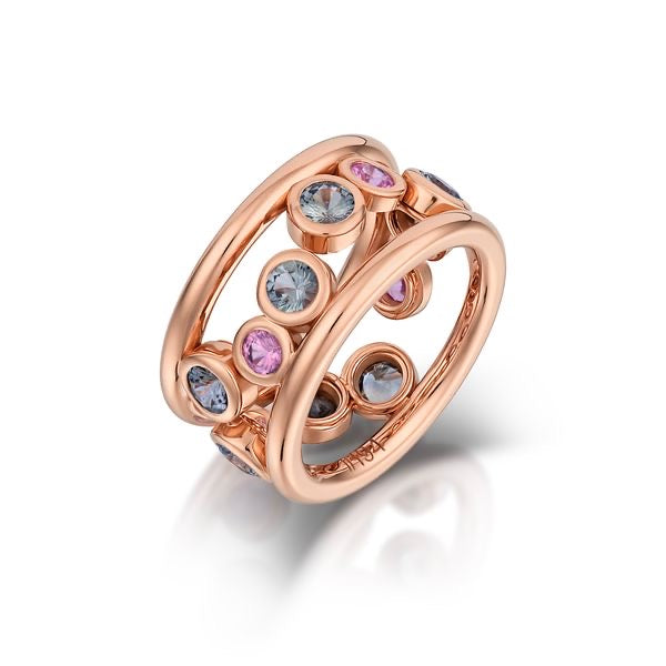 18k Rose Gold 'bubbles' Gray-Teal Sapphire and Pink Spinel Band