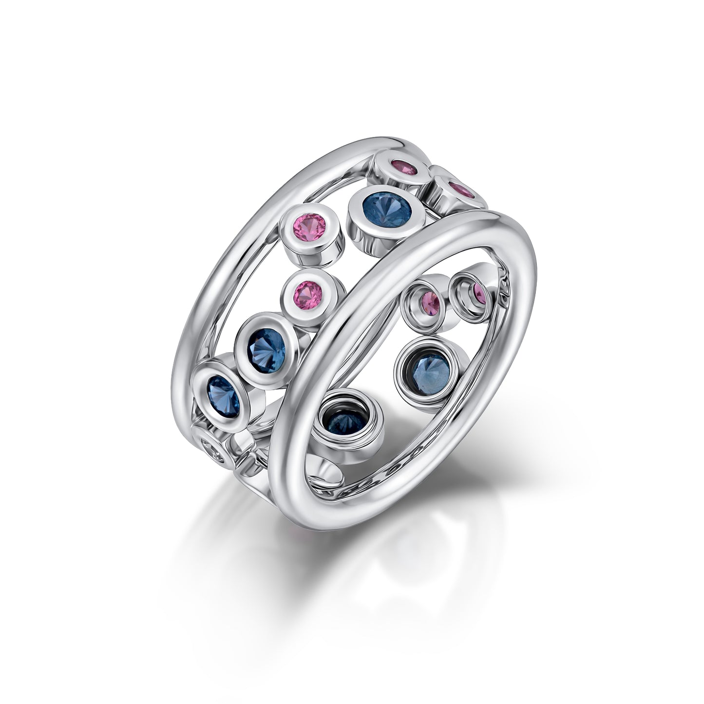 Platinum 'bubbles' Teal Sapphire and Pink Spinel Band