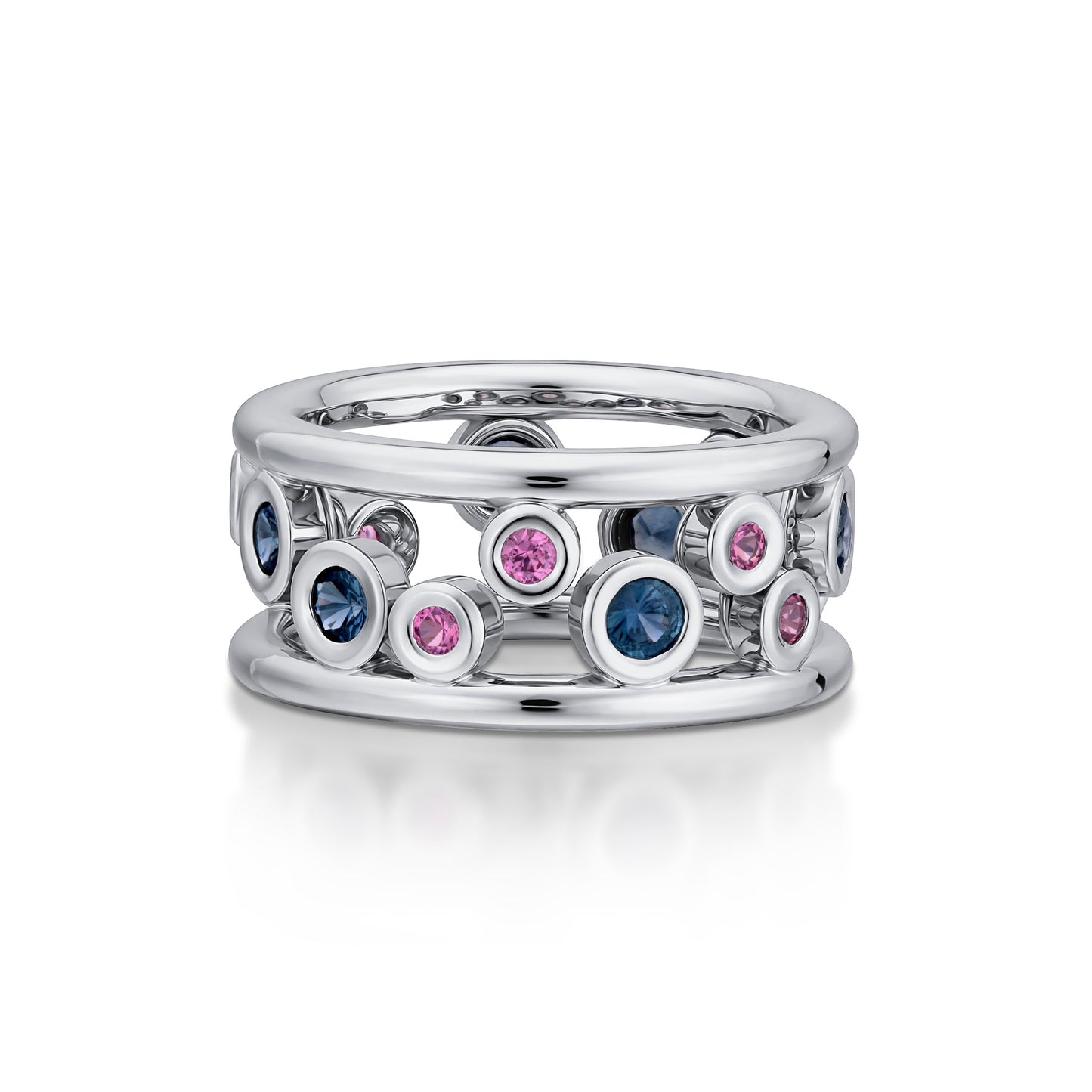 Platinum 'bubbles' Teal Sapphire and Pink Spinel Band