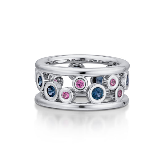 Platinum 'bubbles' Teal Sapphire and Pink Spinel Band