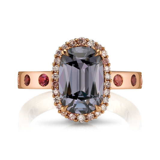 Untreated Burmese Spinel Ring with Pink Diamond Halo