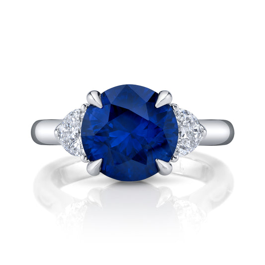 No Heat Nigerian Round Blue Sapphire Three Stone Ring