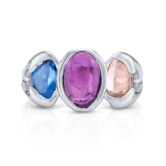 No Heat Cabochon Sapphire Three Stone Ring